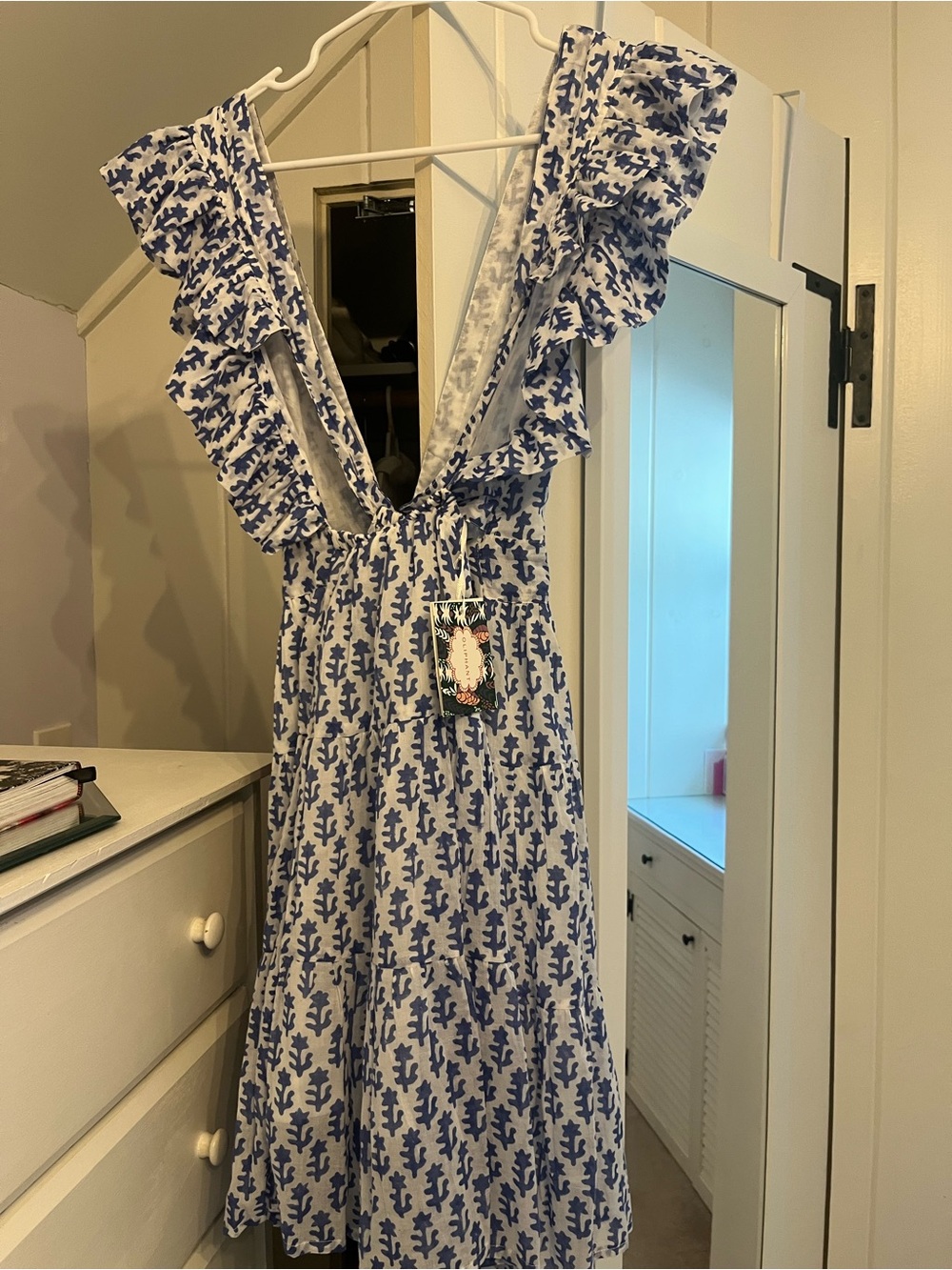 Oliphant Blue and White Ruffle Backless Mini Dress